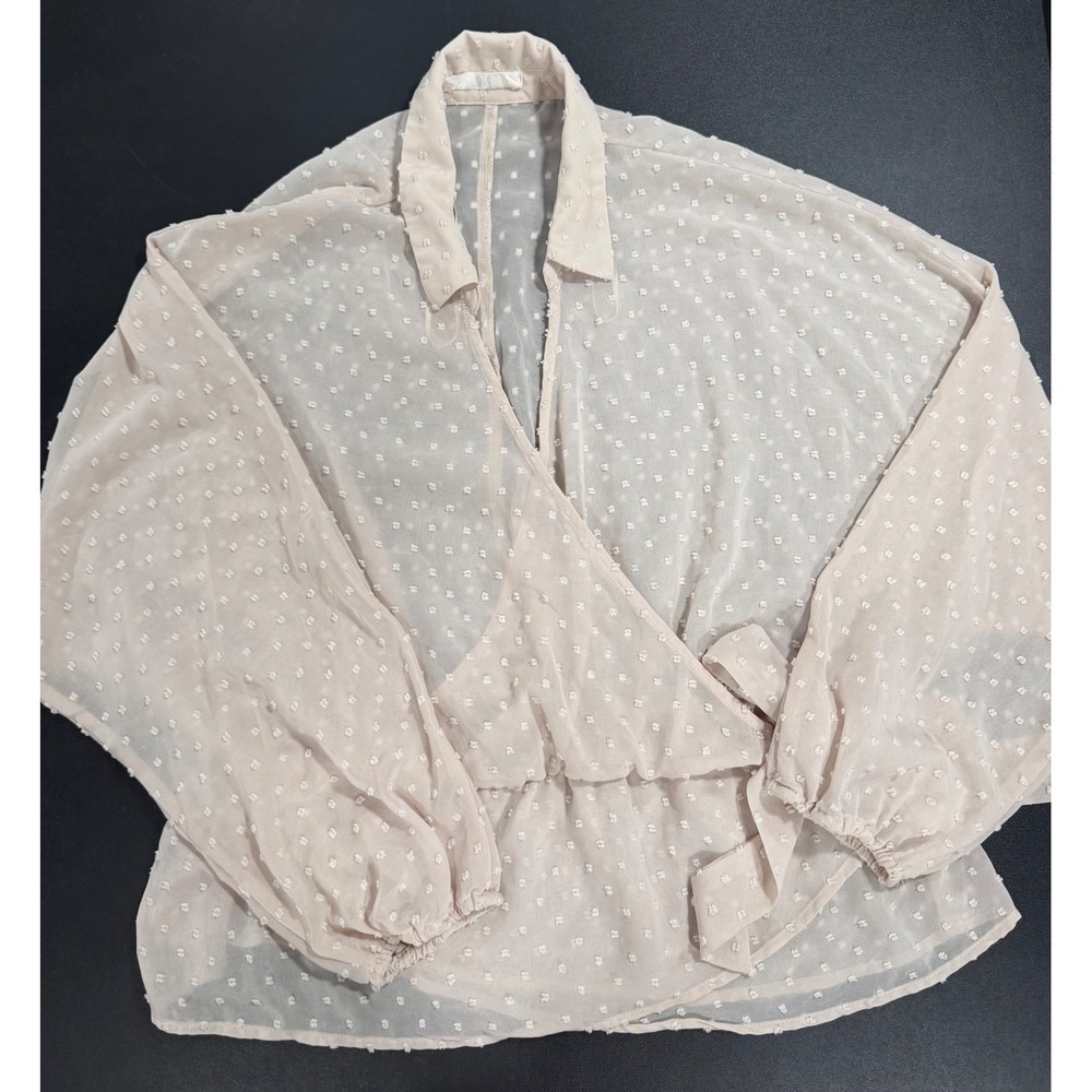 Molly Green Cream Swiss Dot Sheer Wrap‎ Blouse Top Long Sleeve FL20E645 Large